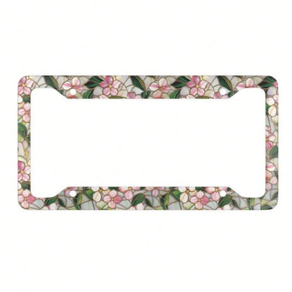 2D Flat, Pink And White Stained Glass Style Floral And Green Leaf Pattern Metal License Plate Frame (With Enhanced Features), 12X 6inch Aluminum Car License Plate Frame, Suitable For Sedans/SUVs/Picku