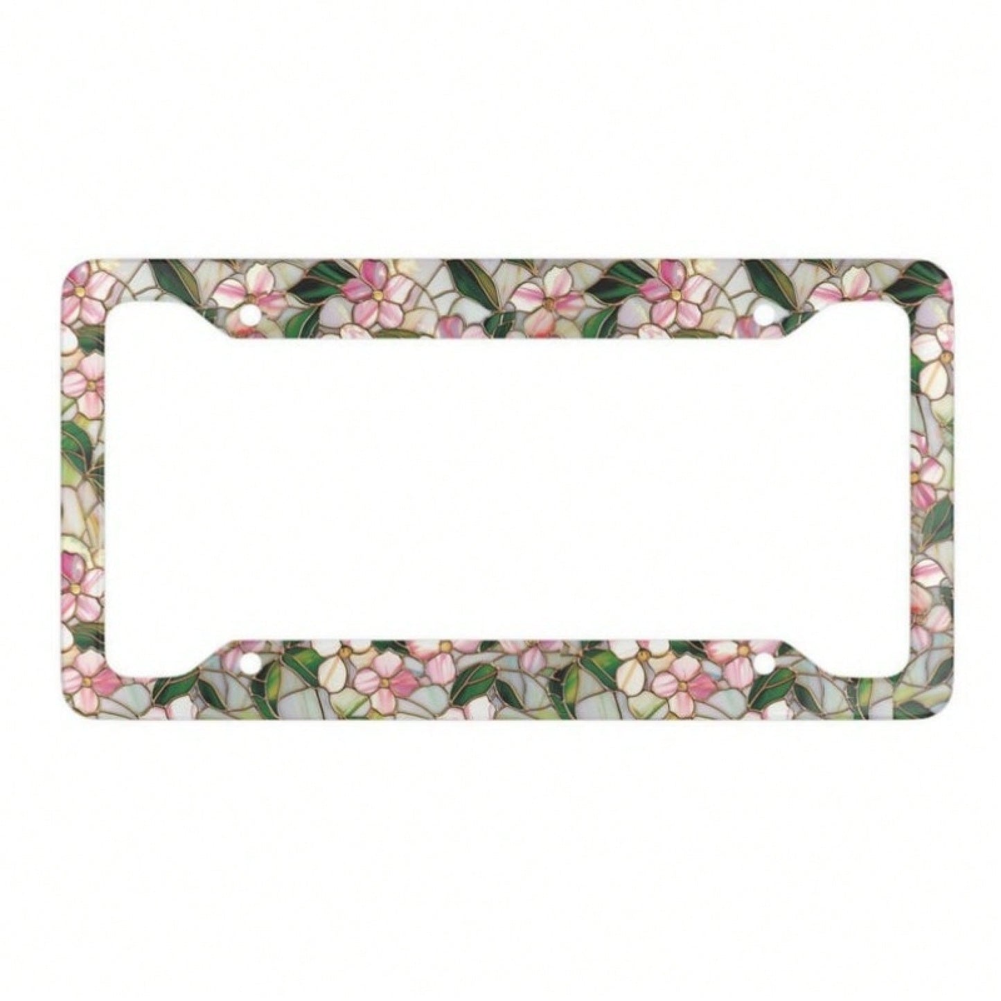 2D Flat, Pink And White Stained Glass Style Floral And Green Leaf Pattern Metal License Plate Frame (With Enhanced Features), 12X 6inch Aluminum Car License Plate Frame, Suitable For Sedans/SUVs/Picku