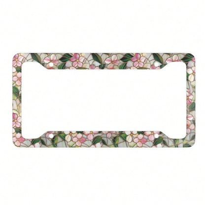 2D Flat, Pink And White Stained Glass Style Floral And Green Leaf Pattern Metal License Plate Frame (With Enhanced Features), 12X 6inch Aluminum Car License Plate Frame, Suitable For Sedans/SUVs/Picku