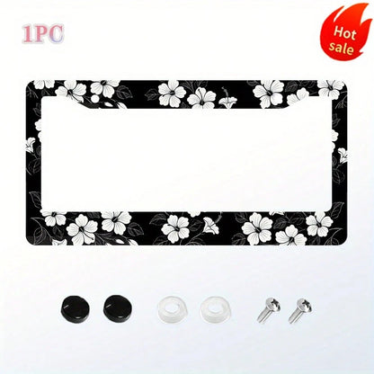 2D White Hibiscus Flower Car License Plate Frame Hawaiian Floral Round Hollow Unisex Personalized Decorative License Plate Holder