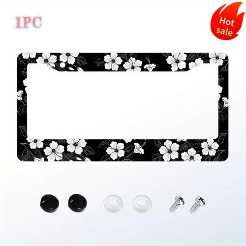 2D White Hibiscus Flower Car License Plate Frame Hawaiian Floral Round Hollow Unisex Personalized Decorative License Plate Holder