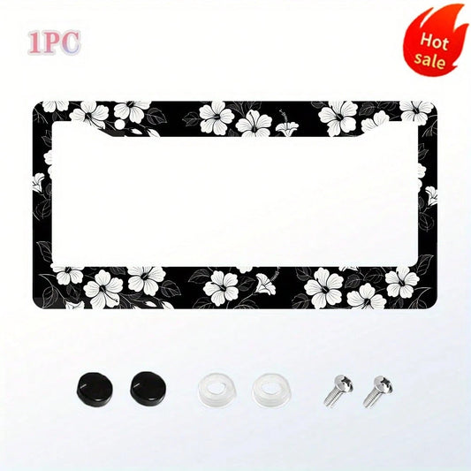 2D White Hibiscus Flower Car License Plate Frame Hawaiian Floral Round Hollow Unisex Personalized Decorative License Plate Holder