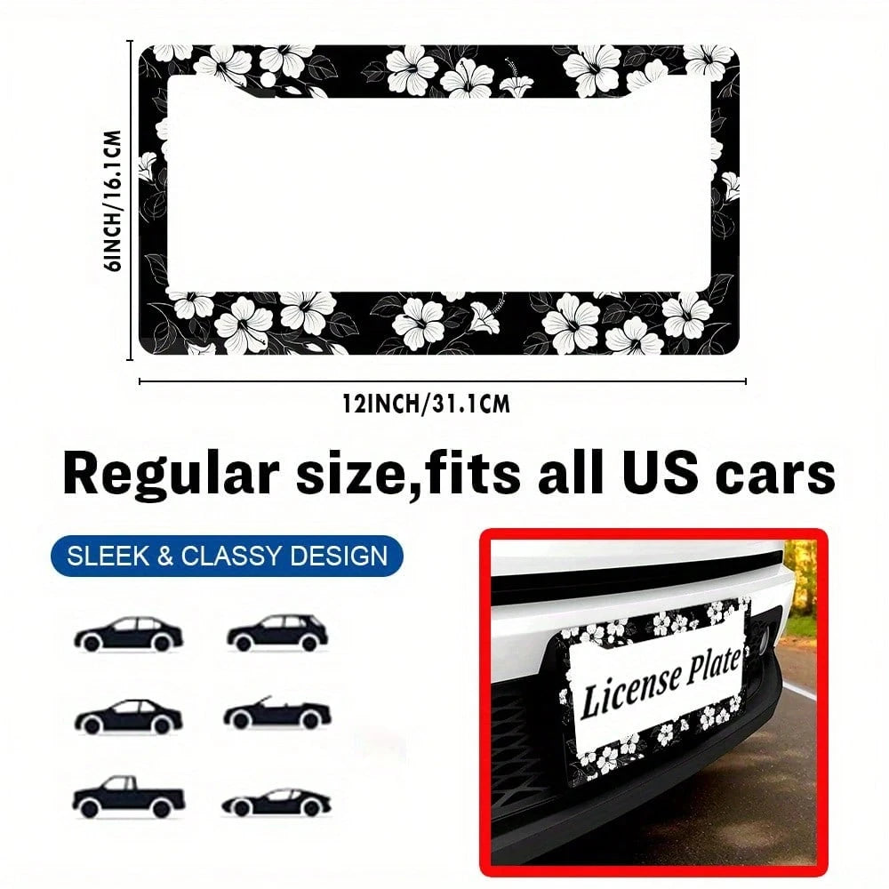 2D White Hibiscus Flower Car License Plate Frame Hawaiian Floral Round Hollow Unisex Personalized Decorative License Plate Holder