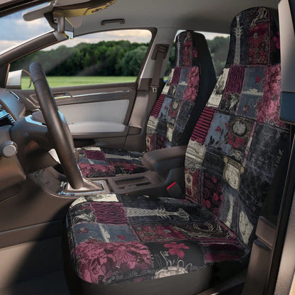 2pc Goth Patchwork Car Seat Cover Set, Print Faux Illusion Patchwork Crochet Quilt Car Seat Cover Interior Gothic Vintage Preppy New Driver Gift