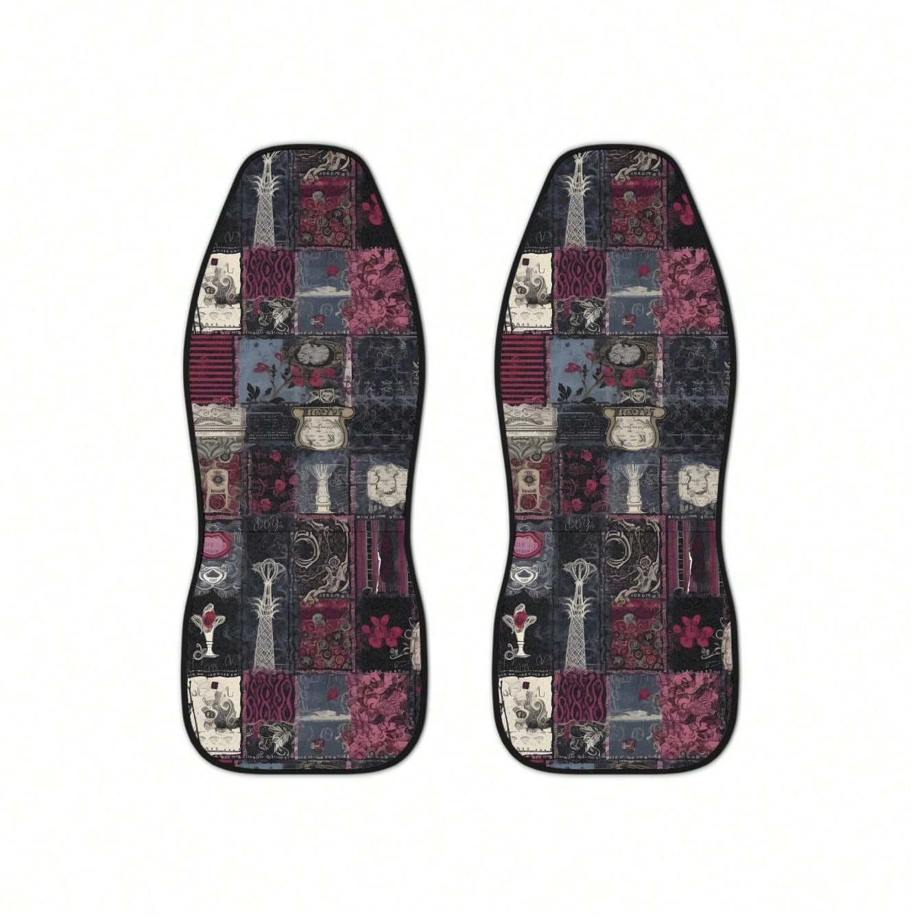2pc Goth Patchwork Car Seat Cover Set, Print Faux Illusion Patchwork Crochet Quilt Car Seat Cover Interior Gothic Vintage Preppy New Driver Gift