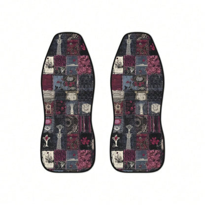 2pc Goth Patchwork Car Seat Cover Set, Print Faux Illusion Patchwork Crochet Quilt Car Seat Cover Interior Gothic Vintage Preppy New Driver Gift