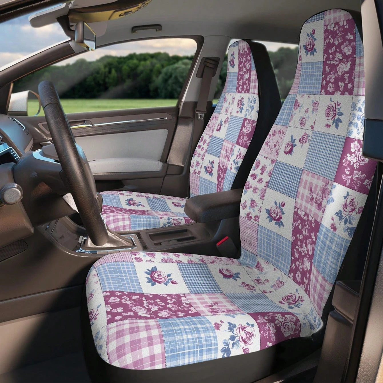 2pc Goth Patchwork Car Seat Cover Set, Print Faux Illusion Patchwork Crochet Quilt Car Seat Cover Interior Gothic Vintage Preppy New Driver Gift
