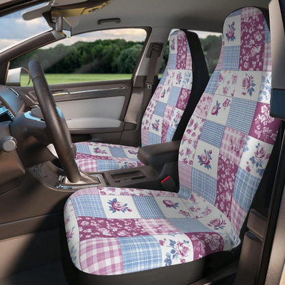 2pc Goth Patchwork Car Seat Cover Set, Print Faux Illusion Patchwork Crochet Quilt Car Seat Cover Interior Gothic Vintage Preppy New Driver Gift
