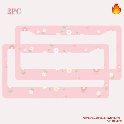 2PC Pink Floral 2-Hole License Plate Frame, Aluminum Material, 6x12 Inches With Screw Set, Cartoon Flower Design, Fun Car Decoration, Retro Style, Universal Size Vehicle Plates
