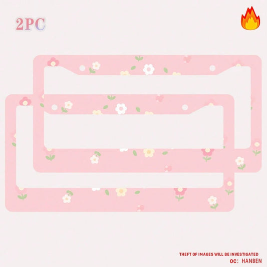 2PC Pink Floral 2-Hole License Plate Frame, Aluminum Material, 6x12 Inches With Screw Set, Cartoon Flower Design, Fun Car Decoration, Retro Style, Universal Size Vehicle Plates