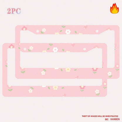 2PC Pink Floral 2-Hole License Plate Frame, Aluminum Material, 6x12 Inches With Screw Set, Cartoon Flower Design, Fun Car Decoration, Retro Style, Universal Size Vehicle Plates