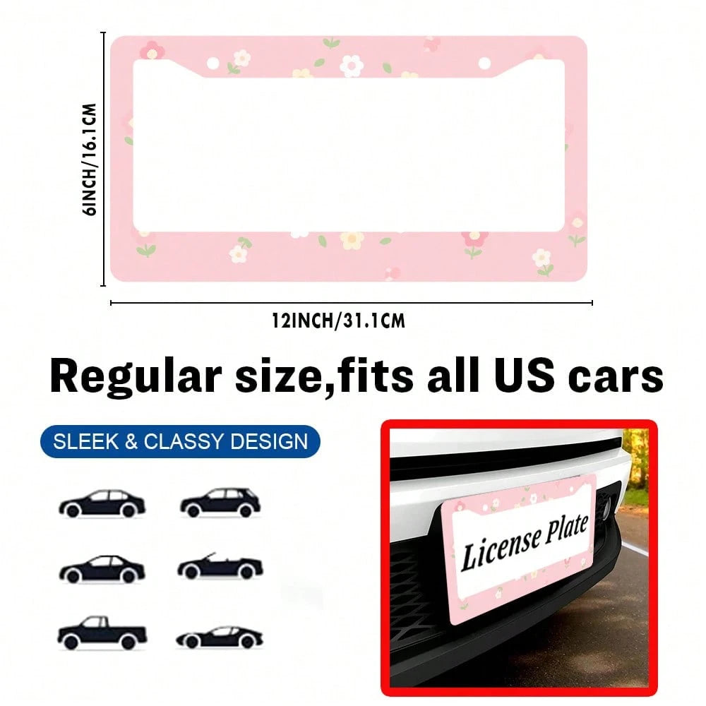 2PC Pink Floral 2-Hole License Plate Frame, Aluminum Material, 6x12 Inches With Screw Set, Cartoon Flower Design, Fun Car Decoration, Retro Style, Universal Size Vehicle Plates