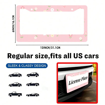 2PC Pink Floral 2-Hole License Plate Frame, Aluminum Material, 6x12 Inches With Screw Set, Cartoon Flower Design, Fun Car Decoration, Retro Style, Universal Size Vehicle Plates