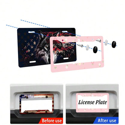 2PC Pink Floral 2-Hole License Plate Frame, Aluminum Material, 6x12 Inches With Screw Set, Cartoon Flower Design, Fun Car Decoration, Retro Style, Universal Size Vehicle Plates