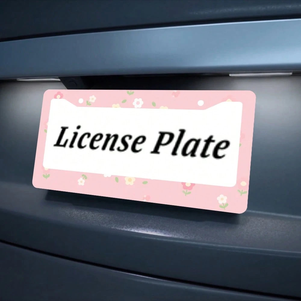 2PC Pink Floral 2-Hole License Plate Frame, Aluminum Material, 6x12 Inches With Screw Set, Cartoon Flower Design, Fun Car Decoration, Retro Style, Universal Size Vehicle Plates