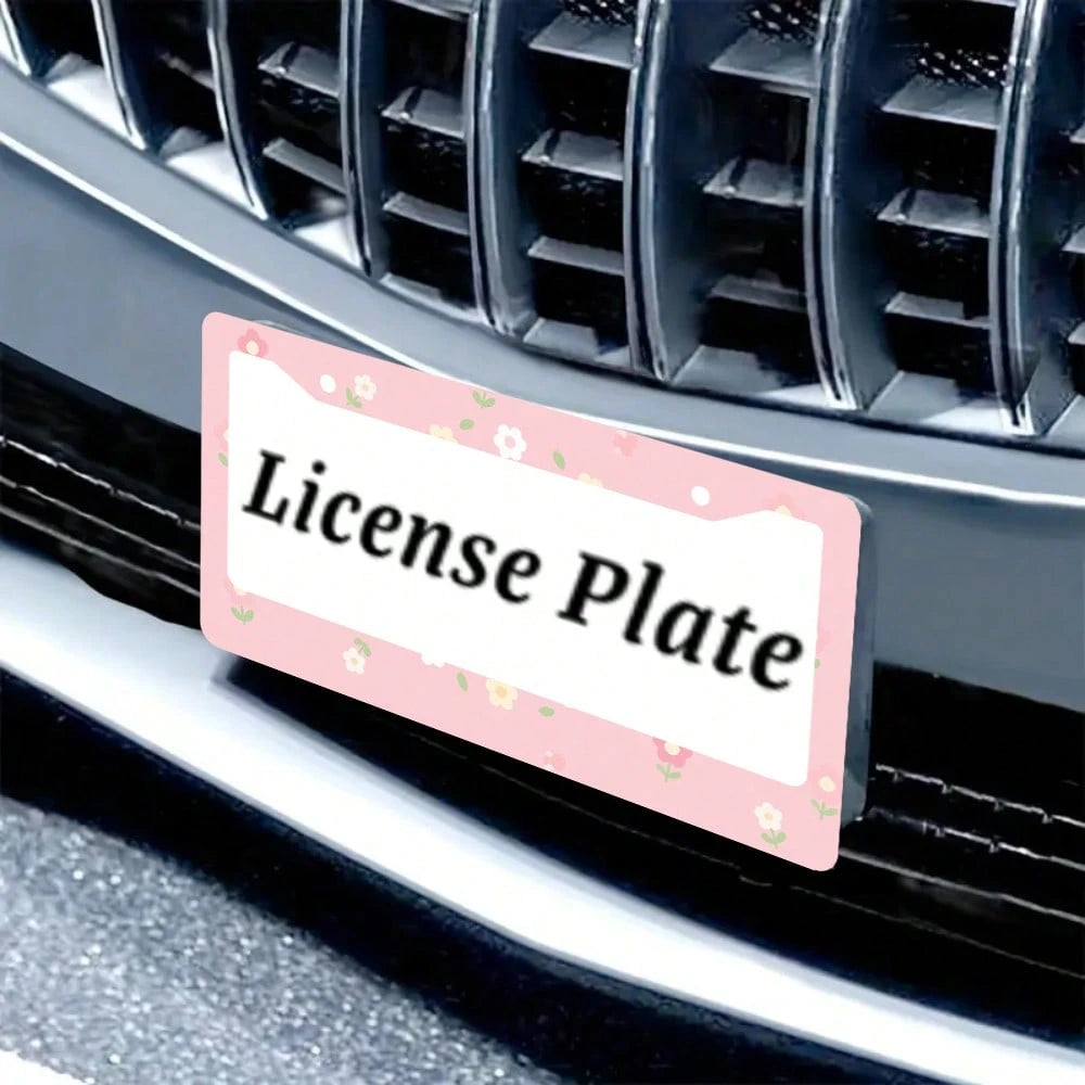 2PC Pink Floral 2-Hole License Plate Frame, Aluminum Material, 6x12 Inches With Screw Set, Cartoon Flower Design, Fun Car Decoration, Retro Style, Universal Size Vehicle Plates