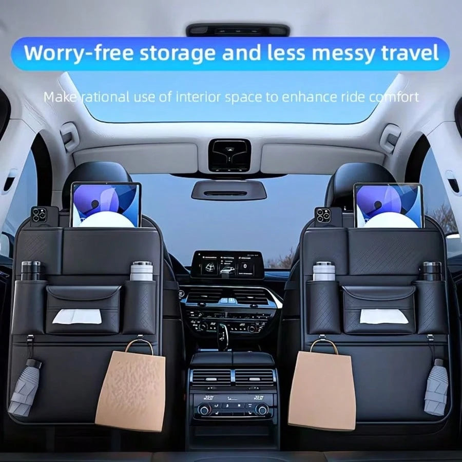 2pc PU Leather Car Back Seat Storage Organizer, Multi-Functional Holder For Tissue, Water Cup, Single/Double Cup Design Available, Securely Store Tablet, Bottles & Car Accessories, Neat Travel Space S