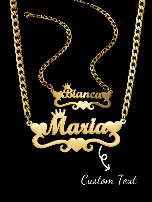 2PCS 18k Gold Stainless Steel Love Crown Wave Design Name Necklace & Name Bracelet Set, Personalize Customized Mother's Day Gift Boys And Girls Silver/Gold Color,Adjustable And Personalized Electropla