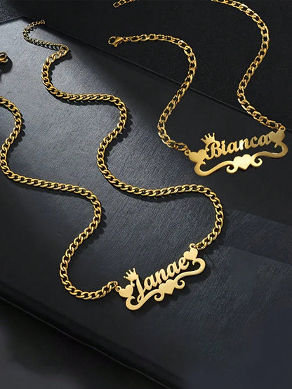 2PCS 18k Gold Stainless Steel Love Crown Wave Design Name Necklace & Name Bracelet Set, Personalize Customized Mother's Day Gift Boys And Girls Silver/Gold Color,Adjustable And Personalized Electropla