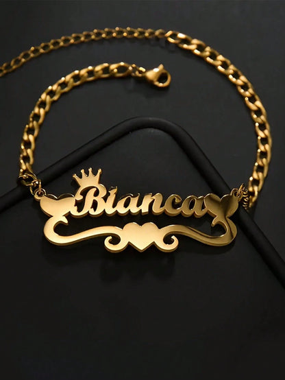 2PCS 18k Gold Stainless Steel Love Crown Wave Design Name Necklace & Name Bracelet Set, Personalize Customized Mother's Day Gift Boys And Girls Silver/Gold Color,Adjustable And Personalized Electropla