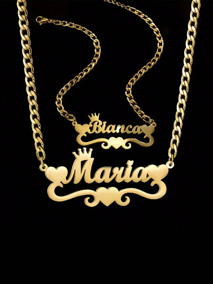 2PCS 18k Gold Stainless Steel Love Crown Wave Design Name Necklace & Name Bracelet Set, Personalize Customized Mother's Day Gift Boys And Girls Silver/Gold Color,Adjustable And Personalized Electropla