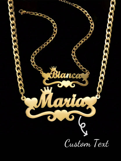 2PCS 18k Gold Stainless Steel Love Crown Wave Design Name Necklace & Name Bracelet Set, Personalize Customized Mother's Day Gift Boys And Girls Silver/Gold Color,Adjustable And Personalized Electropla