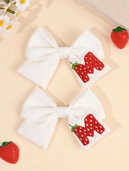 2pcs 26 Letters Strawberry Embroidered Hair Bows For Baby Cute Fruit Hair Clips Soft Fabric Alligator Clips For Wedding Birthday Party Casual Everyday Headpiece Sweet Strawberry Hairpins Holiday Gift