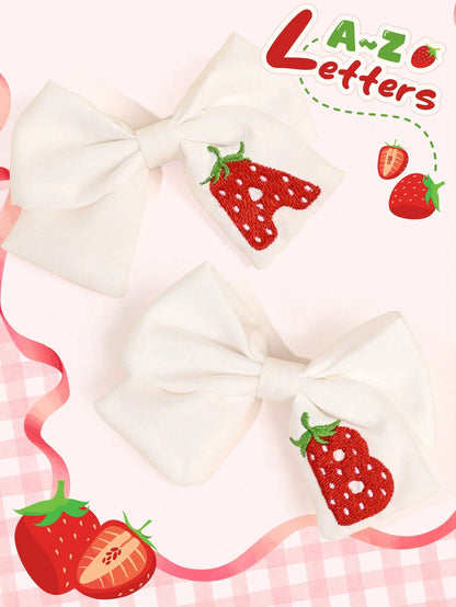 2pcs 26 Letters Strawberry Embroidered Hair Bows For Baby Cute Fruit Hair Clips Soft Fabric Alligator Clips For Wedding Birthday Party Casual Everyday Headpiece Sweet Strawberry Hairpins Holiday Gift