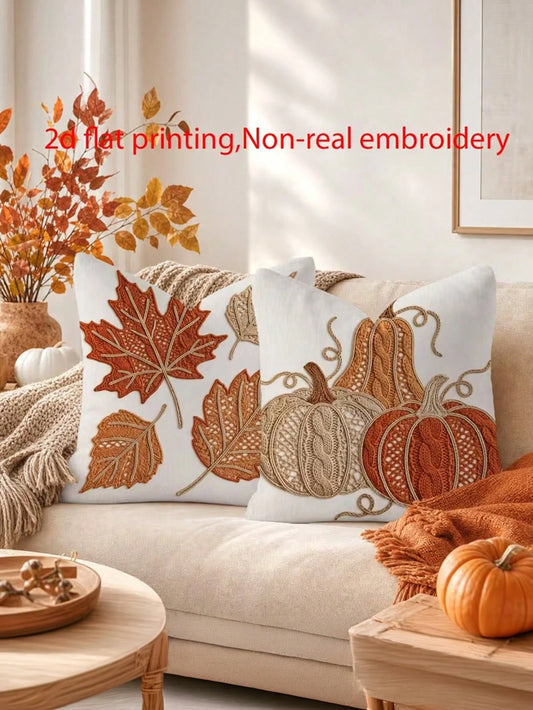 2pcs 2D Embroidered Print Pumpkin & Maple Leaf Pillow Covers, 2D Flat Print Square Cushion Covers, Suitable For Autumn Thanksgiving, Rustic Farmhouse Porch, Sofa Home Decor