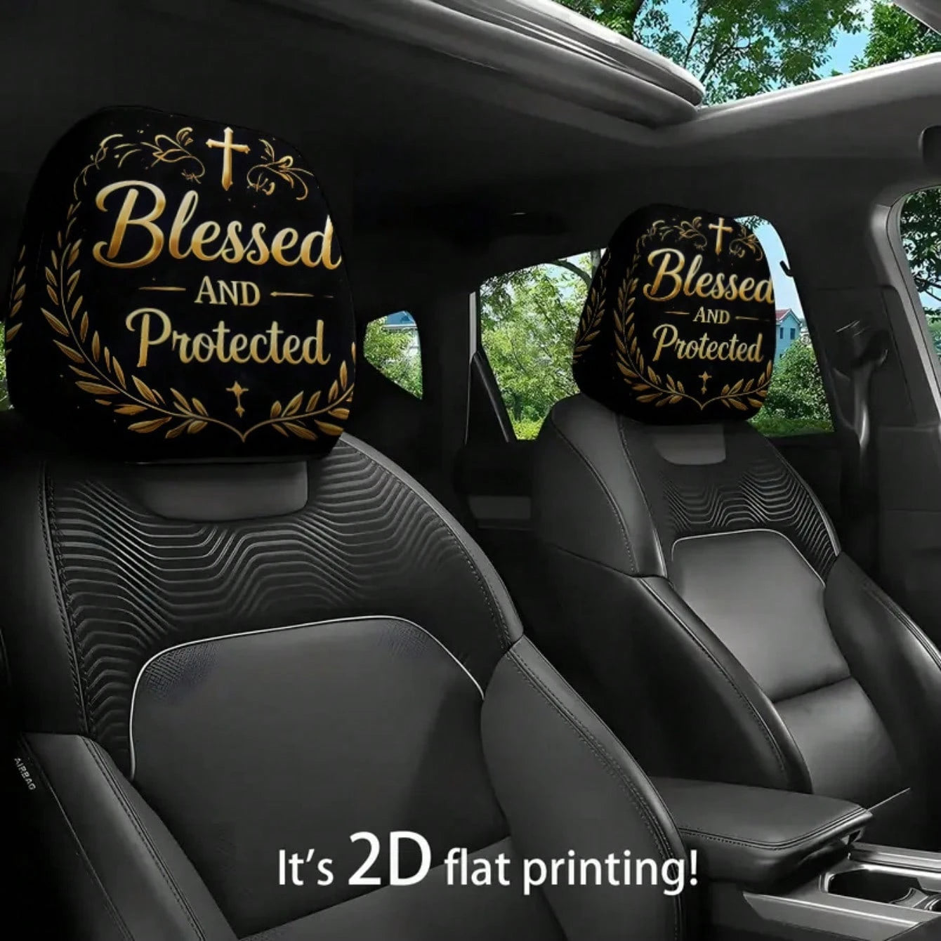 2pcs 2D Flat Black Golden Cross "Blessed And Protected" Printed Car Seat Covers, Seat Cover Additions, Car Seat Protector, Suitable For Travel/Daily Commute/Car Interior Decoration, All Seasons, Car A