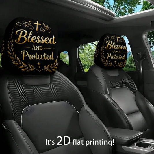 2pcs 2D Flat Black Golden Cross "Blessed And Protected" Printed Car Seat Covers, Seat Cover Additions, Car Seat Protector, Suitable For Travel/Daily Commute/Car Interior Decoration, All Seasons, Car A