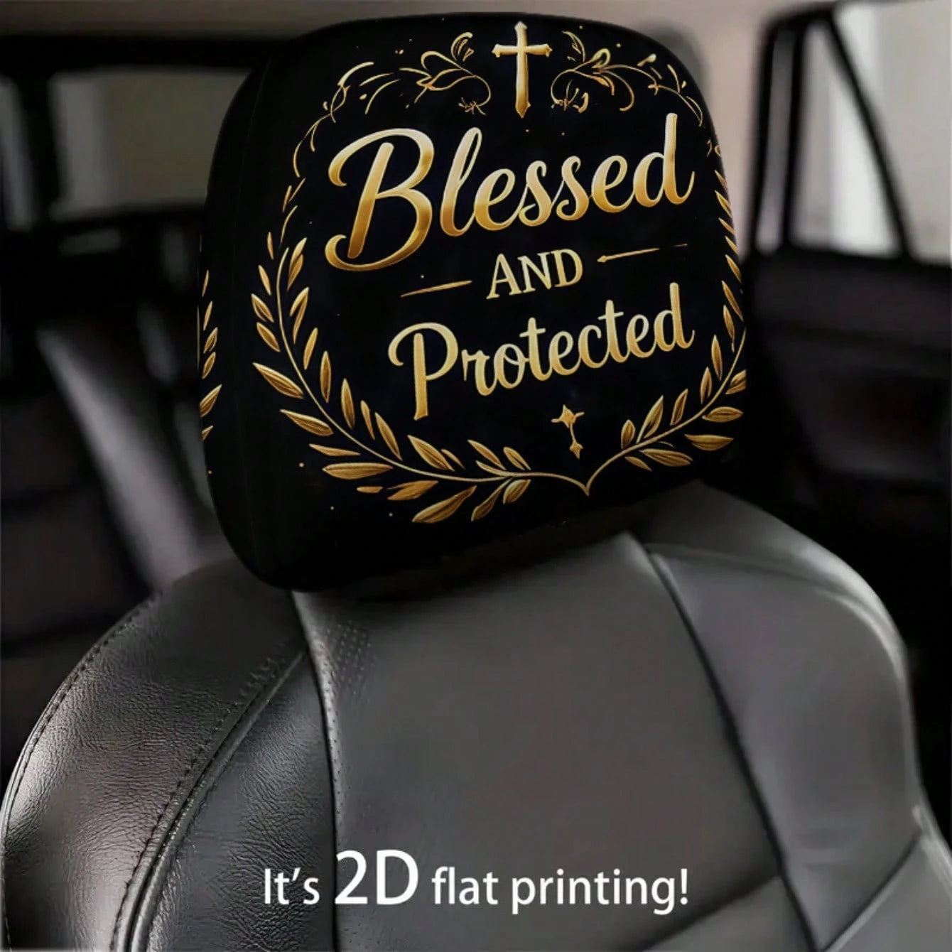 2pcs 2D Flat Black Golden Cross "Blessed And Protected" Printed Car Seat Covers, Seat Cover Additions, Car Seat Protector, Suitable For Travel/Daily Commute/Car Interior Decoration, All Seasons, Car A