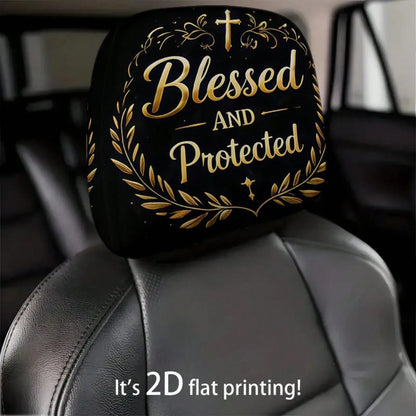 2pcs 2D Flat Black Golden Cross "Blessed And Protected" Printed Car Seat Covers, Seat Cover Additions, Car Seat Protector, Suitable For Travel/Daily Commute/Car Interior Decoration, All Seasons, Car A