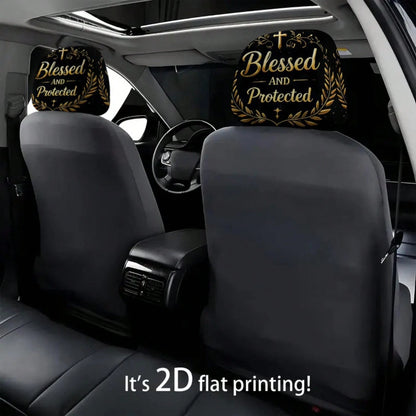 2pcs 2D Flat Black Golden Cross "Blessed And Protected" Printed Car Seat Covers, Seat Cover Additions, Car Seat Protector, Suitable For Travel/Daily Commute/Car Interior Decoration, All Seasons, Car A