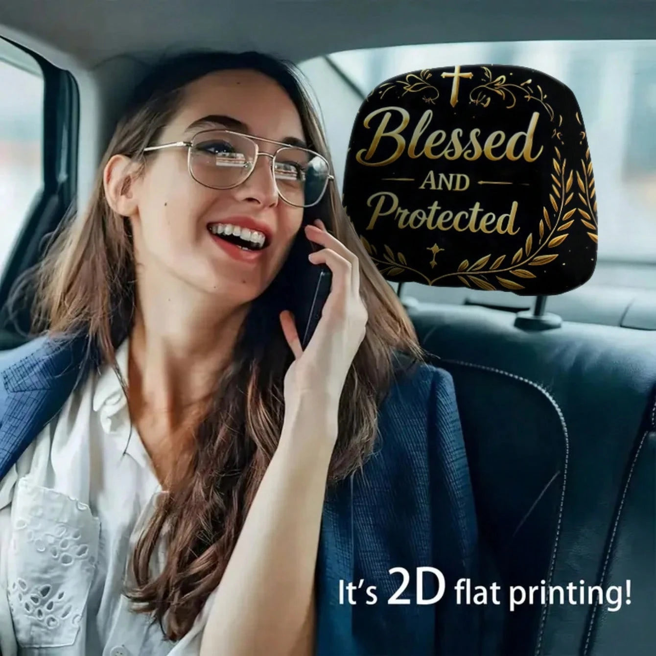 2pcs 2D Flat Black Golden Cross "Blessed And Protected" Printed Car Seat Covers, Seat Cover Additions, Car Seat Protector, Suitable For Travel/Daily Commute/Car Interior Decoration, All Seasons, Car A