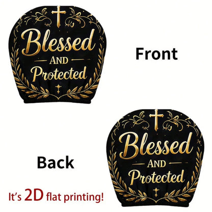 2pcs 2D Flat Black Golden Cross "Blessed And Protected" Printed Car Seat Covers, Seat Cover Additions, Car Seat Protector, Suitable For Travel/Daily Commute/Car Interior Decoration, All Seasons, Car A