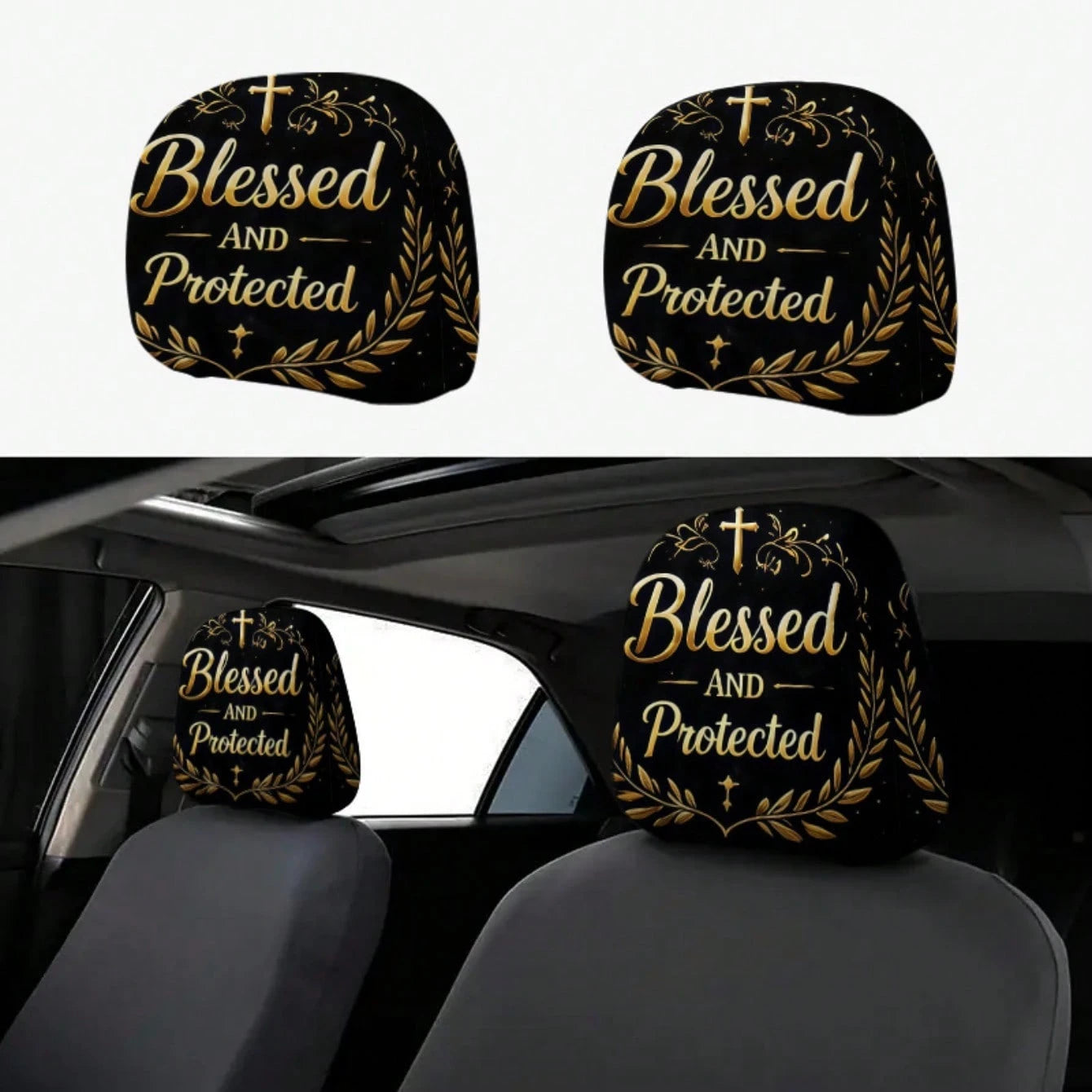 2pcs 2D Flat Black Golden Cross "Blessed And Protected" Printed Car Seat Covers, Seat Cover Additions, Car Seat Protector, Suitable For Travel/Daily Commute/Car Interior Decoration, All Seasons, Car A