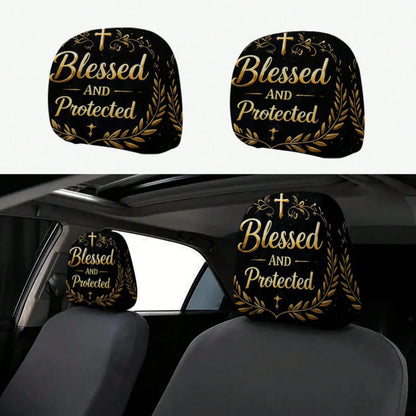 2pcs 2D Flat Black Golden Cross "Blessed And Protected" Printed Car Seat Covers, Seat Cover Additions, Car Seat Protector, Suitable For Travel/Daily Commute/Car Interior Decoration, All Seasons, Car A