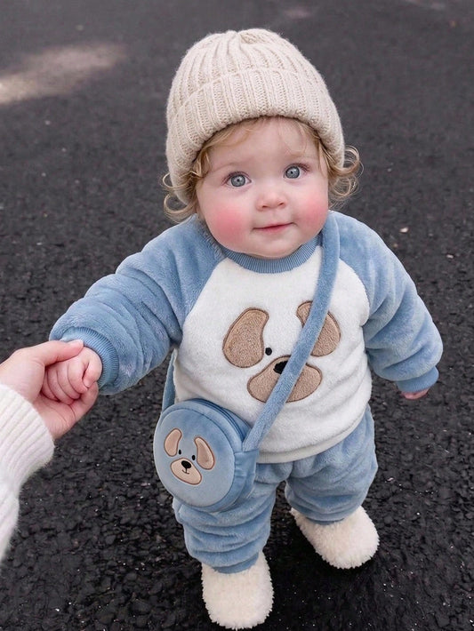 2pcs Baby Boy Baby Boy Cartoon Animal Pattern Thermal Lined Thick Winter Sweatshirt And Sweatpants Set, Fall Clothes Primary School