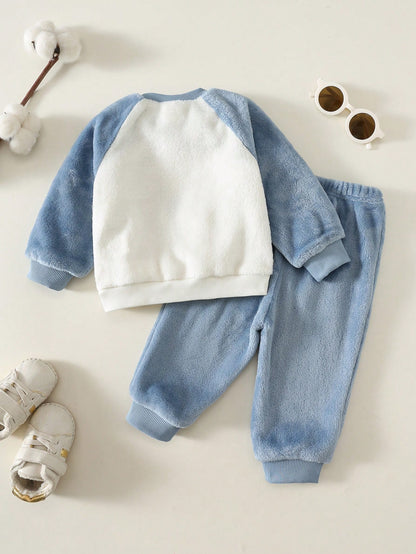 2pcs Baby Boy Baby Boy Cartoon Animal Pattern Thermal Lined Thick Winter Sweatshirt And Sweatpants Set, Fall Clothes Primary School