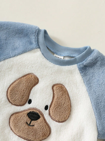 2pcs Baby Boy Baby Boy Cartoon Animal Pattern Thermal Lined Thick Winter Sweatshirt And Sweatpants Set, Fall Clothes Primary School
