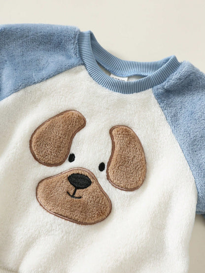 2pcs Baby Boy Baby Boy Cartoon Animal Pattern Thermal Lined Thick Winter Sweatshirt And Sweatpants Set, Fall Clothes Primary School