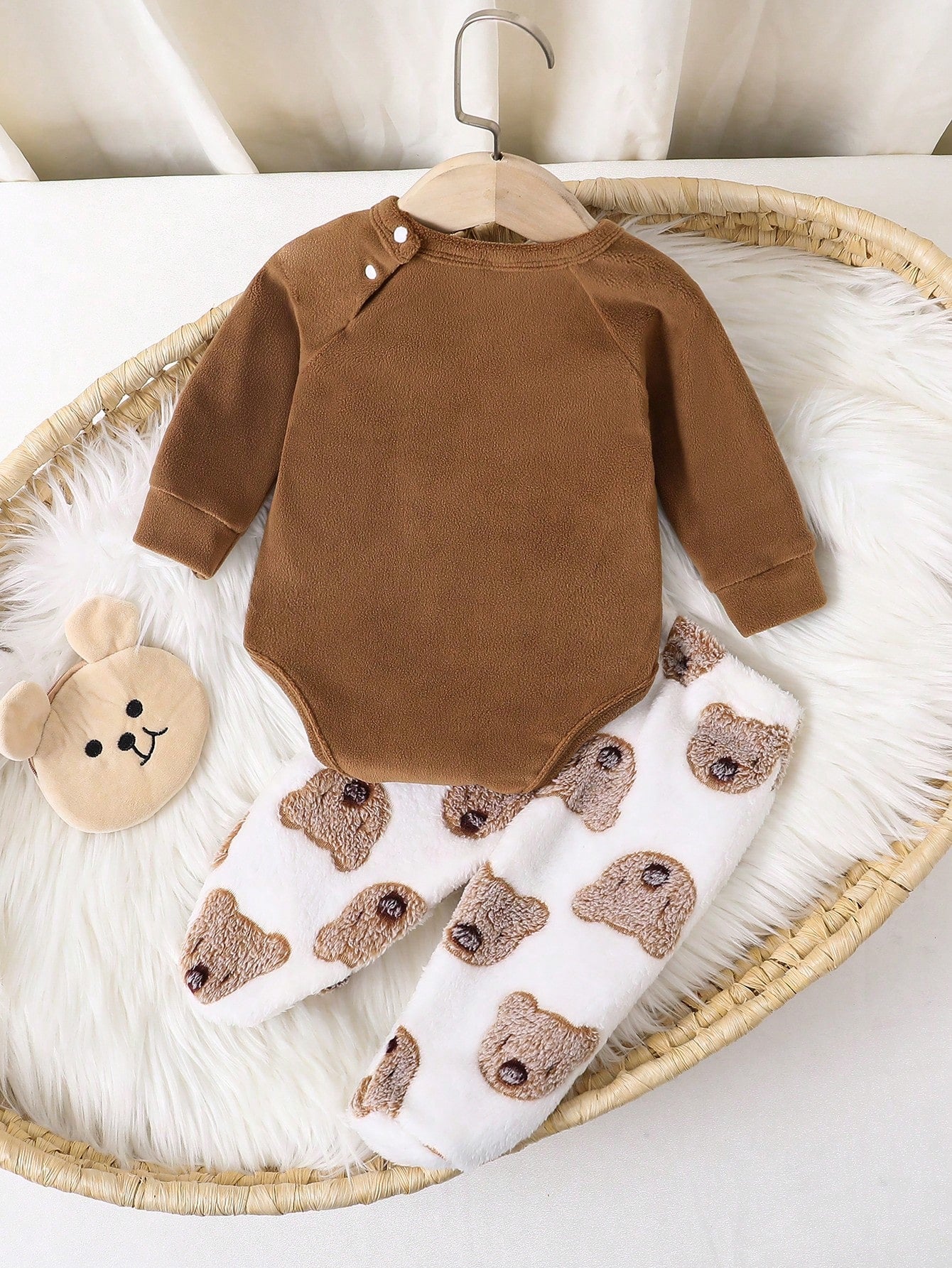 2pcs Baby Boy Cute Bear Plush Long Sleeve Bodysuit With Long Pants Warm Sleepwear Outfit Set