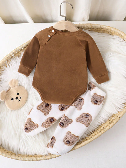 2pcs Baby Boy Cute Bear Plush Long Sleeve Bodysuit With Long Pants Warm Sleepwear Outfit Set