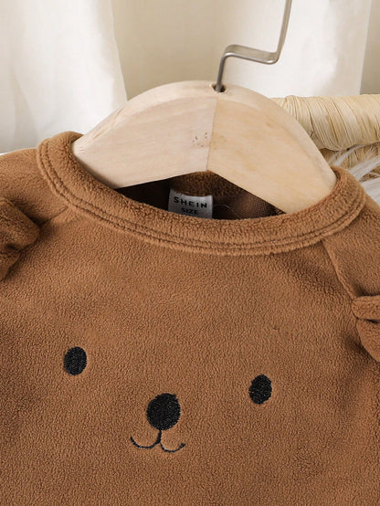 2pcs Baby Boy Cute Bear Plush Long Sleeve Bodysuit With Long Pants Warm Sleepwear Outfit Set