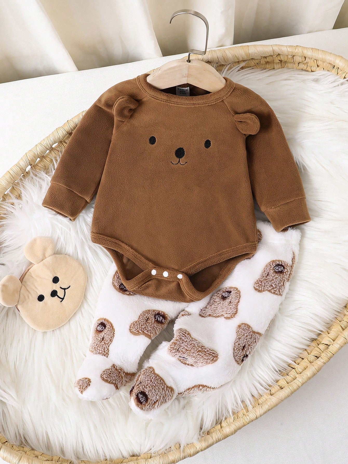 2pcs Baby Boy Cute Bear Plush Long Sleeve Bodysuit With Long Pants Warm Sleepwear Outfit Set