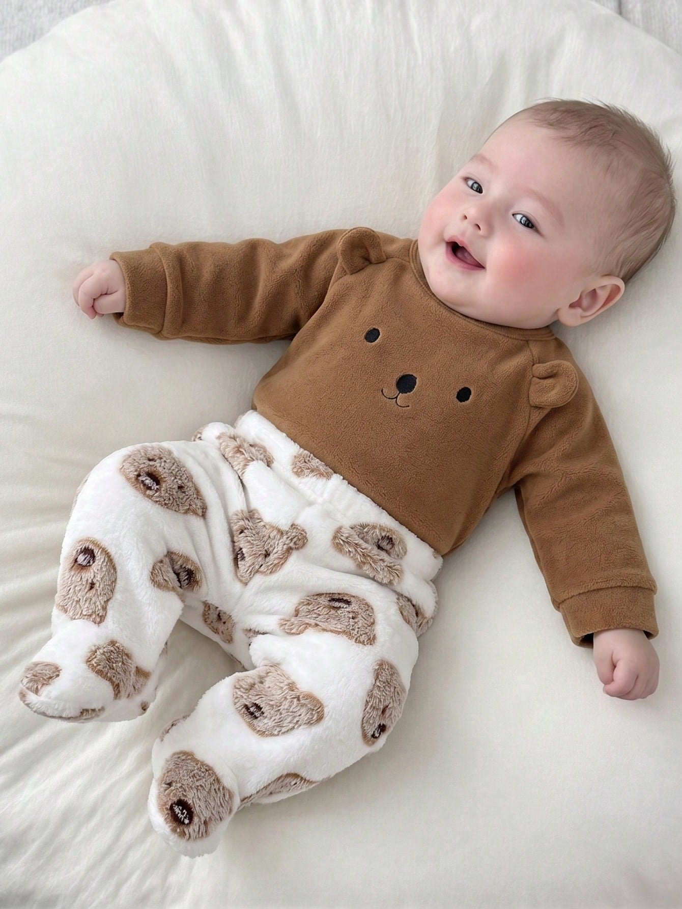 2pcs Baby Boy Cute Bear Plush Long Sleeve Bodysuit With Long Pants Warm Sleepwear Outfit Set
