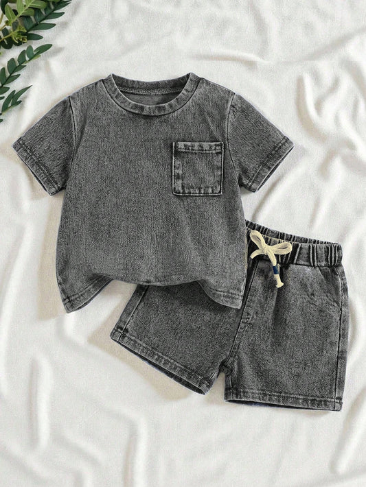 2pcs Baby Boy Knit Denim Loose Top And Shorts Set, Blue