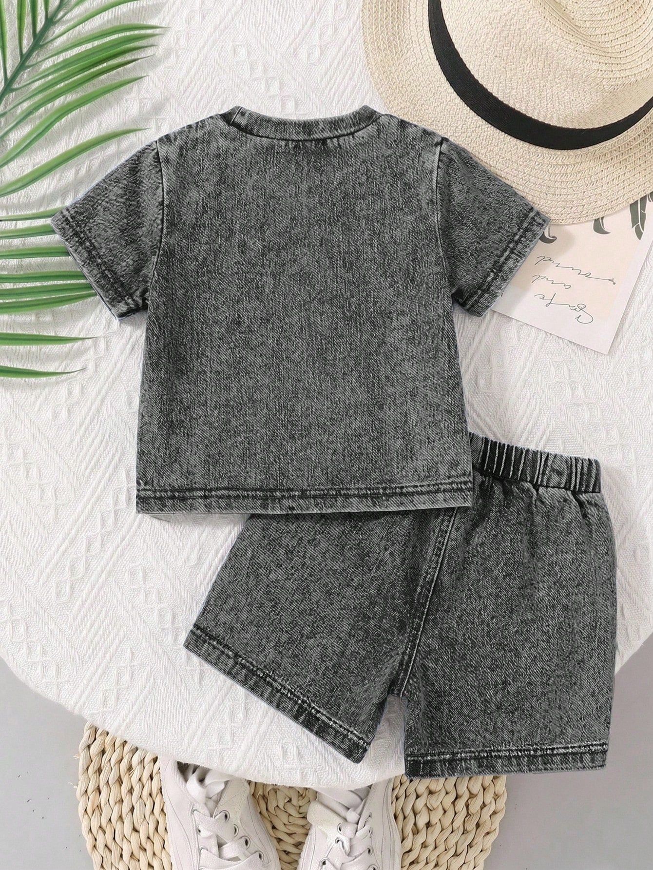 2pcs Baby Boy Knit Denim Loose Top And Shorts Set, Blue