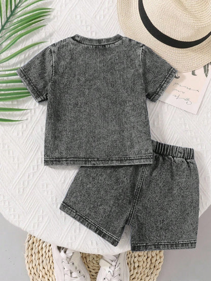 2pcs Baby Boy Knit Denim Loose Top And Shorts Set, Blue